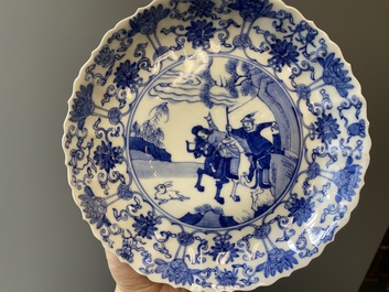 Three Japanese blue and white 'Mongolian hunt' plates in Chinese Kangxi-style, Edo, 18th C.