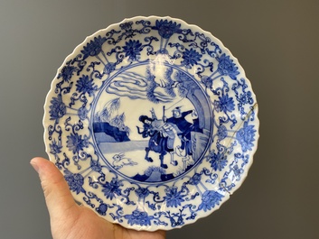 Three Japanese blue and white 'Mongolian hunt' plates in Chinese Kangxi-style, Edo, 18th C.