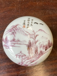 A Chinese purple-decorated seal paste box and cover with a landscape, signed Qing 慶, Mei 美 seal mark, dated 1923