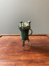 A Chinese archaic bronze ritual wine vessel, 'jue', late Shang dynasty