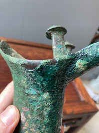 A Chinese archaic bronze ritual wine vessel, 'jue', late Shang dynasty