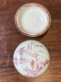 A Chinese purple-decorated seal paste box and cover with a landscape, signed Qing 慶, Mei 美 seal mark, dated 1923