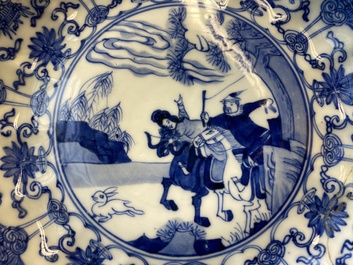 Three Japanese blue and white 'Mongolian hunt' plates in Chinese Kangxi-style, Edo, 18th C.