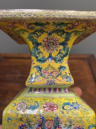 A Chinese yellow-ground Canton enamel 'European subject' vase, Qianlong mark and of the period