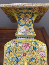 A Chinese yellow-ground Canton enamel 'European subject' vase, Qianlong mark and of the period