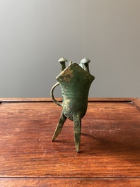 A Chinese archaic bronze ritual wine vessel, 'jue', late Shang dynasty