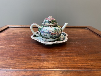 A Chinese famille rose teapot and cover on stand, Yongzheng