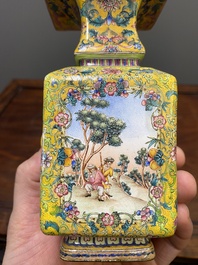 A Chinese yellow-ground Canton enamel 'European subject' vase, Qianlong mark and of the period