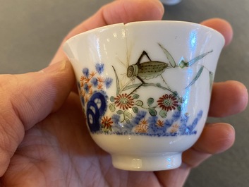 A pair of Chinese famille verte 'grasshopper' teacups, Kangxi mark but probably later