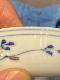 Five Chinese blue, white and copper-red semi-eggshell bowls, Xuande mark, Wanli