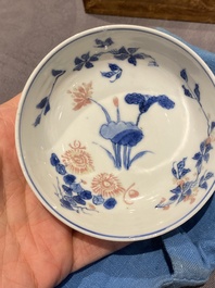 Five Chinese blue, white and copper-red semi-eggshell bowls, Xuande mark, Wanli