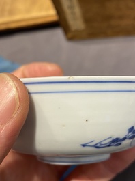 Five Chinese blue, white and copper-red semi-eggshell bowls, Xuande mark, Wanli