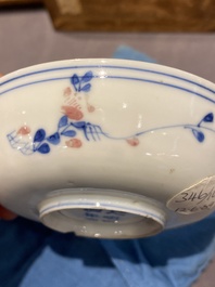 Five Chinese blue, white and copper-red semi-eggshell bowls, Xuande mark, Wanli