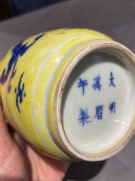 A very rare Chinese blue and white yellow-ground vase, Wanli mark, Kangxi