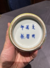 A very rare Chinese blue and white yellow-ground vase, Wanli mark, Kangxi