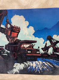 Chinese school from the Cultural Revolution: View on the Daqing oil field, litho heightened with oil paint