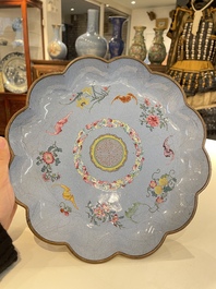 A Chinese lavender blue-ground Beijing or Canton enamel 'Shou' dish, Wan Yan Tang Zhi 萬延堂製 mark, 18/19th C.