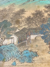 Xu Yang 徐揚 (1712-1777) en Wu Hufan 吳湖帆 (1894-1968): : 'Berglandschap, gedateerd 1755, met latere kalligrafie, inkt en kleur op zijde