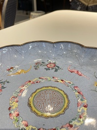 A Chinese lavender blue-ground Beijing or Canton enamel 'Shou' dish, Wan Yan Tang Zhi 萬延堂製 mark, 18/19th C.