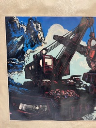 Chinese school from the Cultural Revolution: View on the Daqing oil field, litho heightened with oil paint