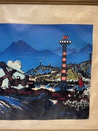 Chinese school from the Cultural Revolution: View on the Daqing oil field, litho heightened with oil paint