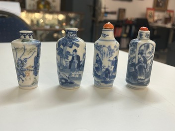 Five Chinese blue, white and wucai snuff bottles, 19th C.