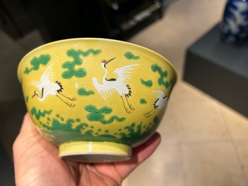 A Chinese yellow-ground 'cranes' bowl, Yongzheng mark and probably of the period