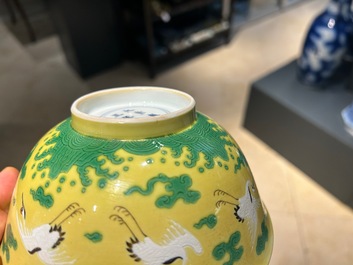 A Chinese yellow-ground 'cranes' bowl, Yongzheng mark and probably of the period