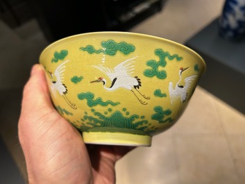 A Chinese yellow-ground 'cranes' bowl, Yongzheng mark and probably of the period