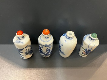 Five Chinese blue, white and wucai snuff bottles, 19th C.