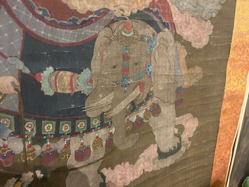 Chinese school: 'Samanthabadra riding the elephant with six tusks', ink and colours on silk, 17/18th C.