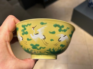 A Chinese yellow-ground 'cranes' bowl, Yongzheng mark and probably of the period