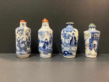 Five Chinese blue, white and wucai snuff bottles, 19th C.