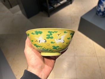 A Chinese yellow-ground 'cranes' bowl, Yongzheng mark and probably of the period