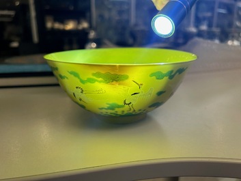 A Chinese yellow-ground 'cranes' bowl, Yongzheng mark and probably of the period