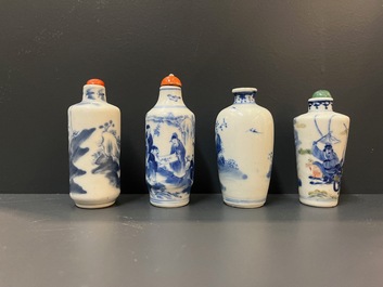 Five Chinese blue, white and wucai snuff bottles, 19th C.