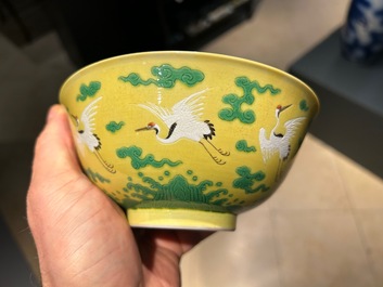 A Chinese yellow-ground 'cranes' bowl, Yongzheng mark and probably of the period