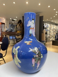 A Chinese famille rose blue-ground bottle vase, Qianlong mark, Republic