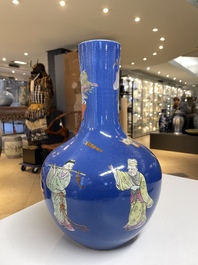 A Chinese famille rose blue-ground bottle vase, Qianlong mark, Republic