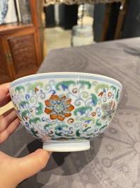 A Chinese doucai bowl with floral design, Yongzheng mark, 19/20th C.