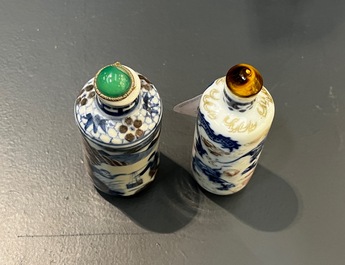 Two Chinese blue, white and copper-red snuff bottles, 19th C.