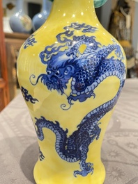 A Chinese blue and white yellow-ground 'dragon' vase with green-glazed handles on a jade-inset wooden stand, Jiaqing mark, 19/20th C.