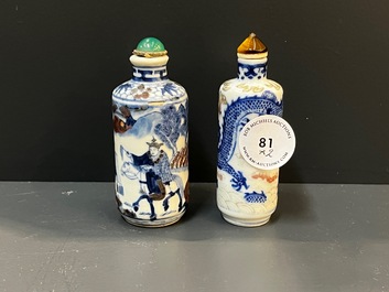 Two Chinese blue, white and copper-red snuff bottles, 19th C.