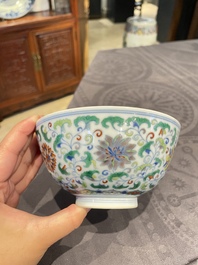 A Chinese doucai bowl with floral design, Yongzheng mark, 19/20th C.