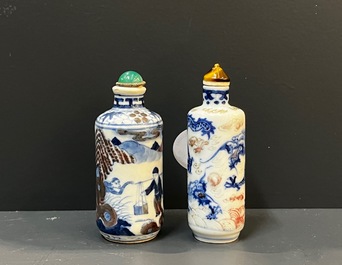 Two Chinese blue, white and copper-red snuff bottles, 19th C.