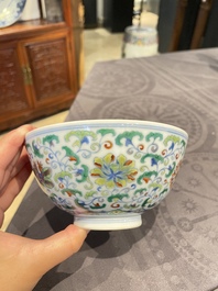 A Chinese doucai bowl with floral design, Yongzheng mark, 19/20th C.