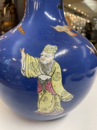 A Chinese famille rose blue-ground bottle vase, Qianlong mark, Republic