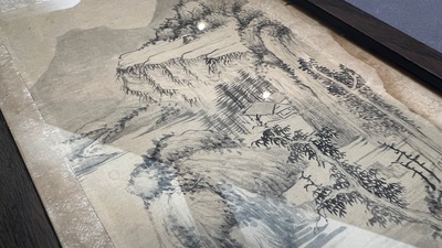 Qi Gong 啟功 (1912-2005): 'Berglandschappen', inkt op papier, gedateerd 1999