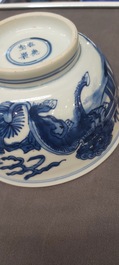 A Chinese blue and white 'mythical beasts' bowl, Shen De Tang Zhi mark, Kangxi