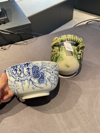 A Chinese blue and white 'Bleu de Hue' bowl and a green-glazed lime pot for the Vietnamese market, the bowl marked Tho, 18/19th C.